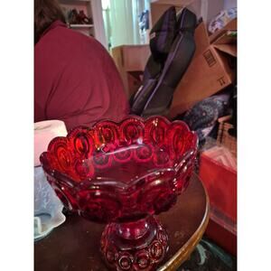 Vintage L.E Smith Ruby Red Moon and Stars Pedestal Footed Open Compote Dish EUC